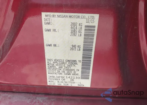 2016 Nissan Altima 3.5 Sl z USA, uszkodzony, nr VIN 1N4BL3AP3GC142130